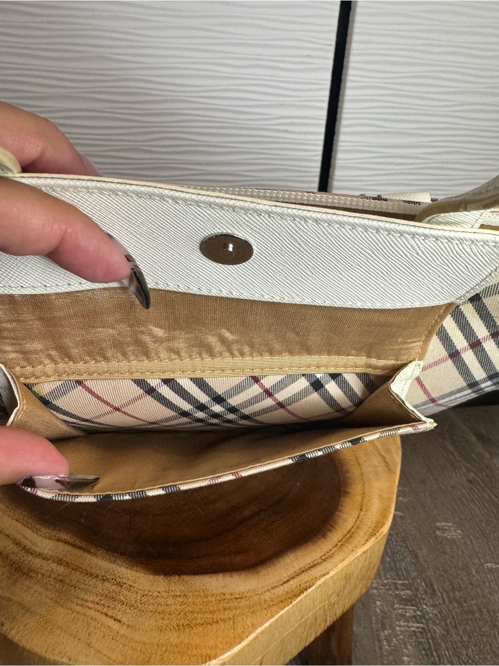 Beige Check Satchel with Cream Leather Trim - Picture 15 of 16